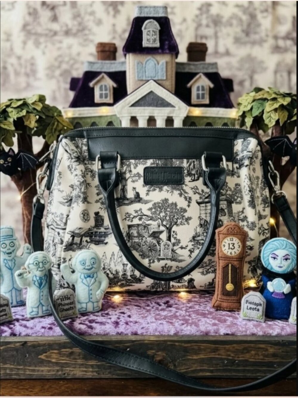 Disney Haunted Mansion Toile Satchel Bag - Black & Ivory
